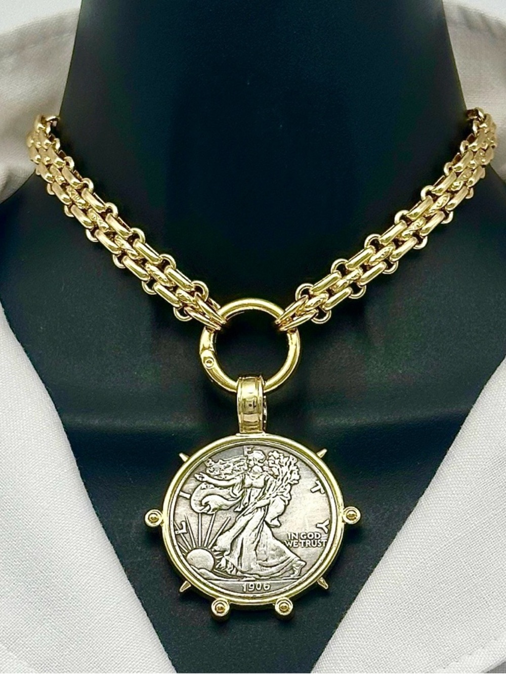 Gold Plated Stainless Steel Coin Pendant Necklace Walking Lady Liberty Chunky